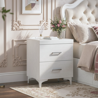 Sunvega White Nightstand with Two Dovetail Drawers and Metal Glides