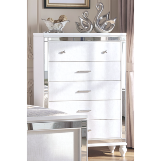 Sunvega Sterling Mirror Framed 5-Drawer Chest in White with Metallic Finish
