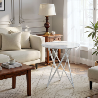 Sunvega White and Chrome Faux Marble Round Top Bar Table for Contemporary Style