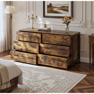 Sunvega Rustic Oak and Black Frame 6-Drawer Dresser with Metal Glide Drawers