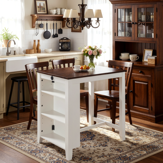 Sunvega Modern White Small Dining Table with Shelves and USB Port