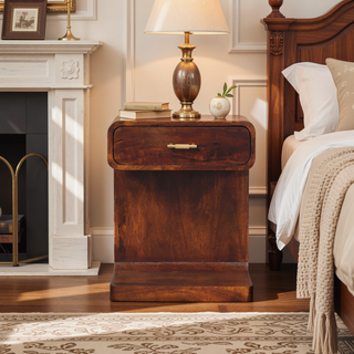Sunvega Solid Mango Wood Chestnut Bedside Table with Drawer and Open Shelf