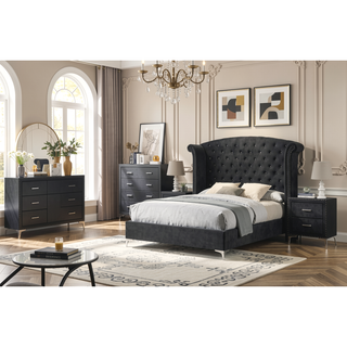 Sunvega Glam Style Black Finish Two Drawers Nailhead Tufted Nightstand with Tempered Glass