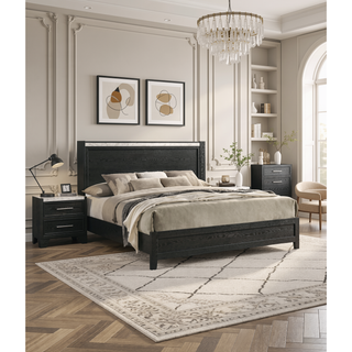 Sunvega Modern Nightstand with Faux Marble Top Two Drawers Black Finish