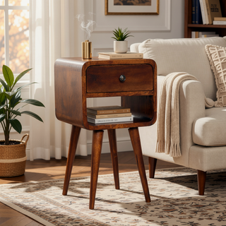 Sunvega Solid Wood Mini Chestnut Curve Lower Bedside with 1 Drawer and Open Slot