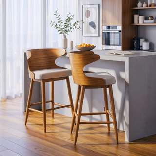 Sunvega Mid-Century Upholstered Rubberwood Bar Stools Set of Two