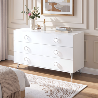 Sunvega Modern White Dresser with Six Spacious Storage Drawers and Chrome Legs
