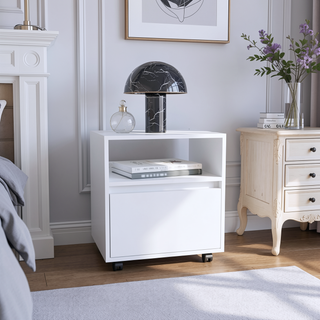 Sunvega White Nightstand with One Open Shelf and Spacious Drawer on Casters