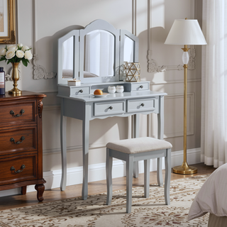 Sunvega Rose Gold Vanity Makeup Table Set with Mirror and Upholstered Bench