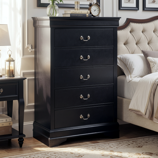 Sunvega Black Finish 5 Drawer Chest with Metal Glides and Nickel Handles