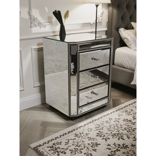 Sunvega Mirrored Nightstand with 3 Drawers Silver Beaded Trim and Glass Knobs