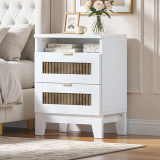 Sunvega White Farmhouse Queen Platform Bed with Wooden Strip Decoration and Plywood Slats