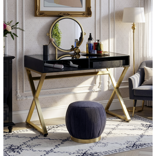 Sunvega White and Gold Vanity Desk with Mirror and Jewelry Storage Tray