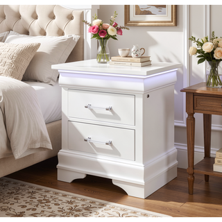Sunvega White 2 Drawer Nightstand with Spacious Storage and LED Lighting