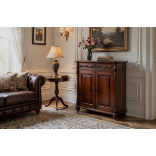 Sunvega Antique Walnut Nightstand with 2 Drawers and Unique Carving Design