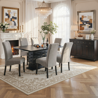 Sunvega Modern Black Rectangular Dining Table with Layered Pedestal Base