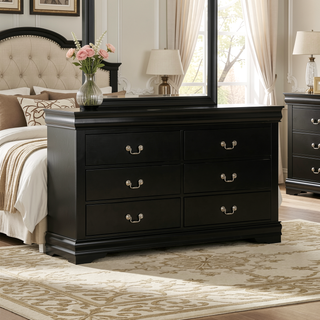 Sunvega Black Solid Wood Dresser with Six Drawers and Nickel Metal Handles