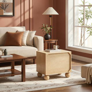 Sunvega Modern Bedroom Nightstand with Fluted Panels and Rounded Bun Feet in Light Oak