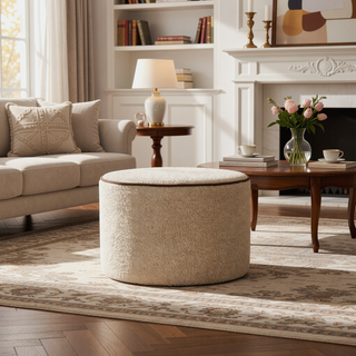 Sunvega Upholstered Beige Large Round Footstool with Timeless Elegance and Clean Lines