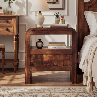 Sunvega Solid Oak Bedside Table with Brass Handle and Open Shelf