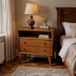 Sunvega Brown Transitional Wooden Nightstand with 2 Drawers and Open Compartment