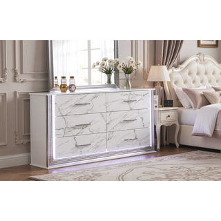 Sunvega Marble Patterned Dresser with Six Spacious Drawers and Sleek White Finish