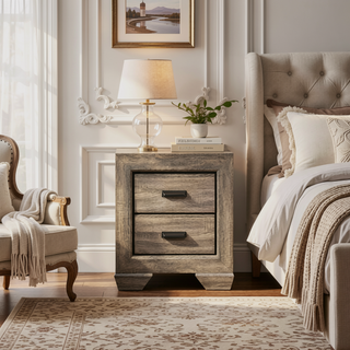 Sunvega Natural Finish Contemporary Nightstand with Two Dovetail Drawers and Flat Black Cup Pulls