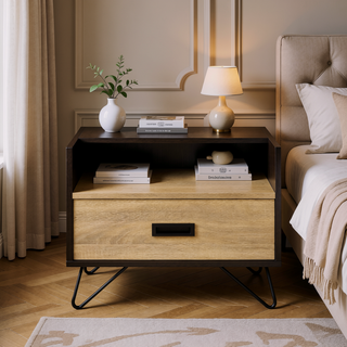 Sunvega Oak and Black Nightstand with Hairpin Legs and One Drawer