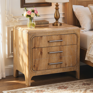 Sunvega Natural Wood Finish Contemporary Nightstand with Three Drawers and Metal Hand Pull