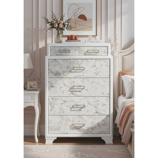Sunvega Modern White Chest with Marble Accent Drawers and Silver Handles for Bedroom