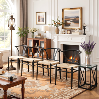 Sunvega Modern Iron Wishbone Dining Chair with Woven Seat for Multiple Styles