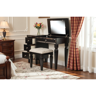 Sunvega Traditional Cherry Wood Vanity Set with Tufted Stool and Storage Drawers