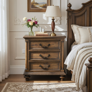 Sunvega Weathered Pecan Finish Nightstand with 3 Dovetail Drawers and Metal Hardware