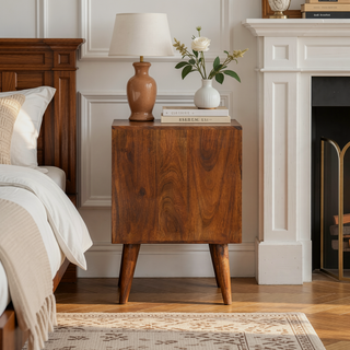 Sunvega Chestnut Cube Carved Nightstand with Nordic Legs and 2 Drawers