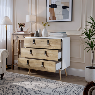 Sunvega White and Macadamia 3-Drawer Dresser with Contemporary Metal Handles and Wooden Legs