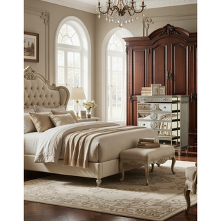 Sunvega Mirrored Nightstand with Geometric Trim and Crystal Knobs for Bedroom