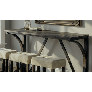 Sunvega Transitional Brown Rubberwood Dining Table Set with 3 Tufted Stools