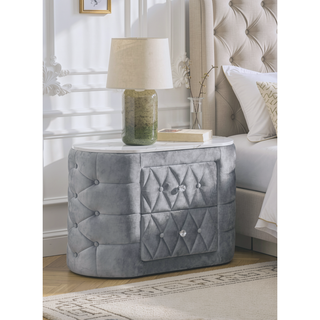 Sunvega Oval Faux Marble Top Nightstand with Two Drawers and Button Tufted Black Fabric