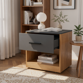 Sunvega Natural Oak and Matt Grey Nightstand with Drawer and Open Storage Shelf