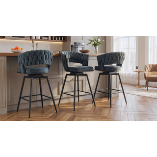 Sunvega Set of 2 Blue Suede Woven Swivel Bar Stools with Golden Legs and Footrest