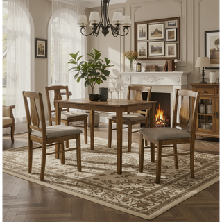 Sunvega Antique Natural Oak Wood 5 Piece Dining Set with Cushioned Chairs