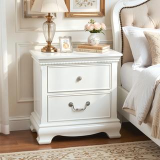 Sunvega White Wood Nightstand with Dovetail Drawers and Polished Nickel Knobs