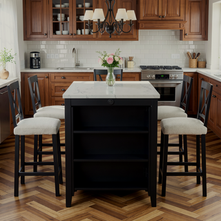 Sunvega Black Dining Table with Side Storage Shelves and Boucle Fabric Stools