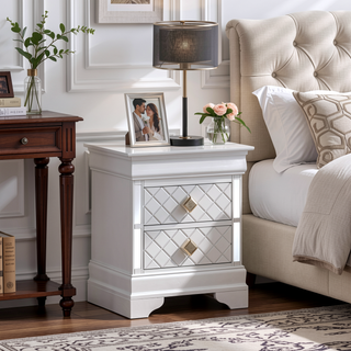 Sunvega Fully Assembled Pearl White Nightstand with Gold Handles and Faux Crystal