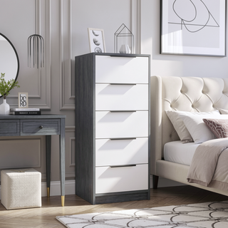 Sunvega 42" High Modern Five Drawer Vertical Dresser in White and Smokey Oak
