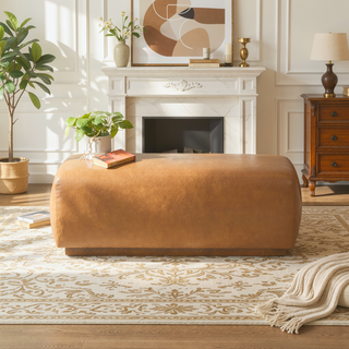 Sunvega Handcrafted Vegan Tan Leather Bench with Plush Comfort and Contemporary Design