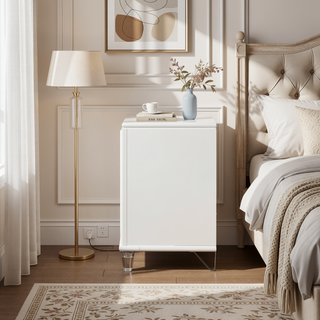 Sunvega Modern Pearl White Finish Nightstand with Large Storage Drawers and Acrylic Legs