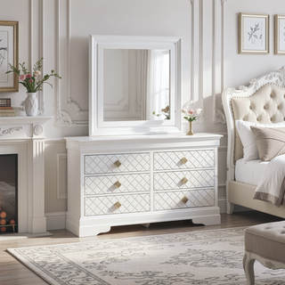 Sunvega Fully Assembled Pearl White Nightstand with Gold Handles and Faux Crystal