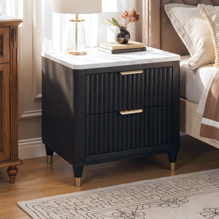 Sunvega Contemporary Black Nightstand with Two Drawers and White Top