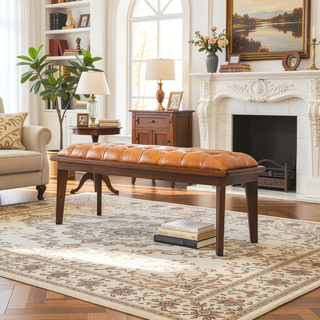 Sunvega Mid-Century Modern Tan Leather Upholstered Bench With Buttons